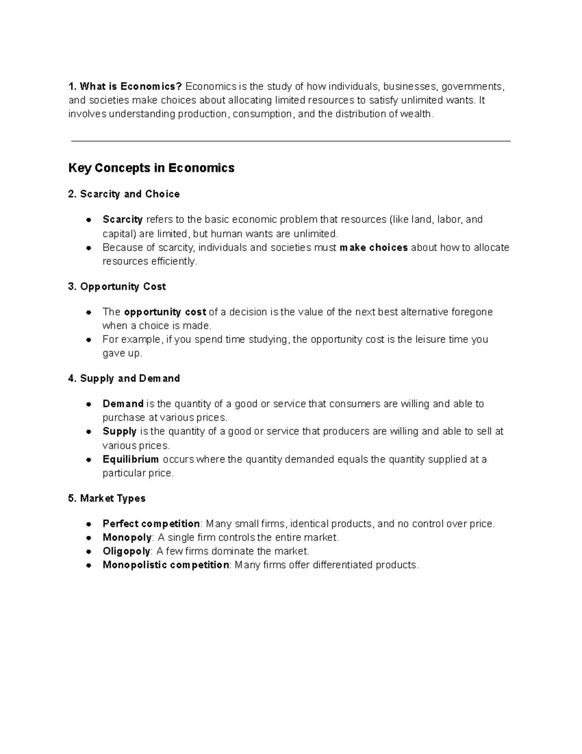 ECON 101 Overview: Key Concepts in Economics and Market Types - Studocu