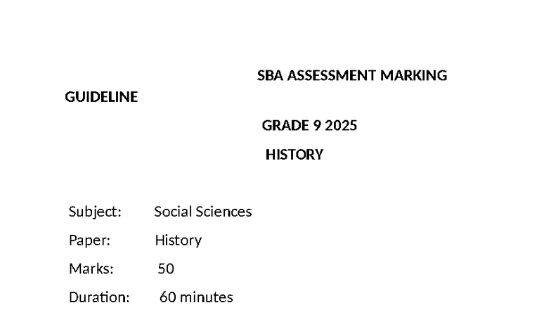 2025 History Grade 9 MEMO - SBA ASSESSMENT MARKING GUIDELINE GRADE 9 ...