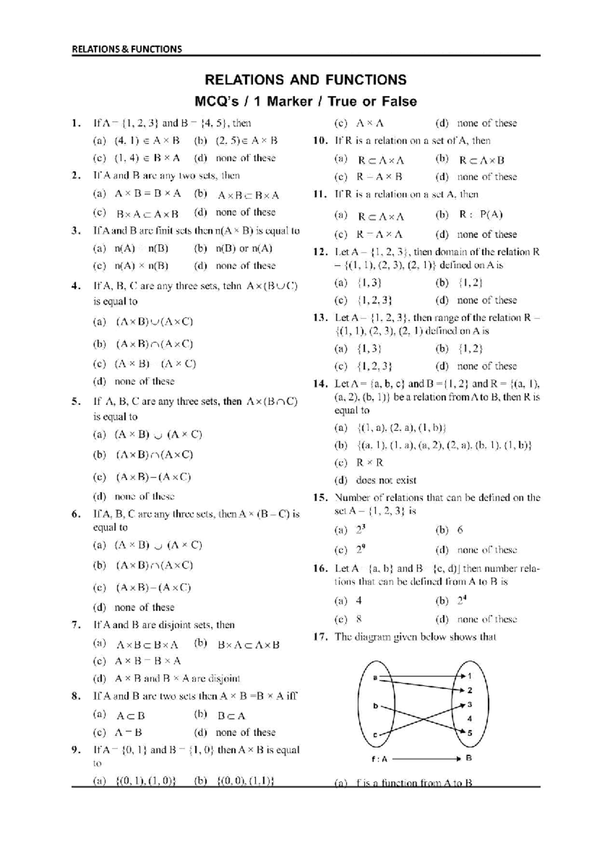 XI CH-2 Practice Assignment: True or False on Relations & Functions ...