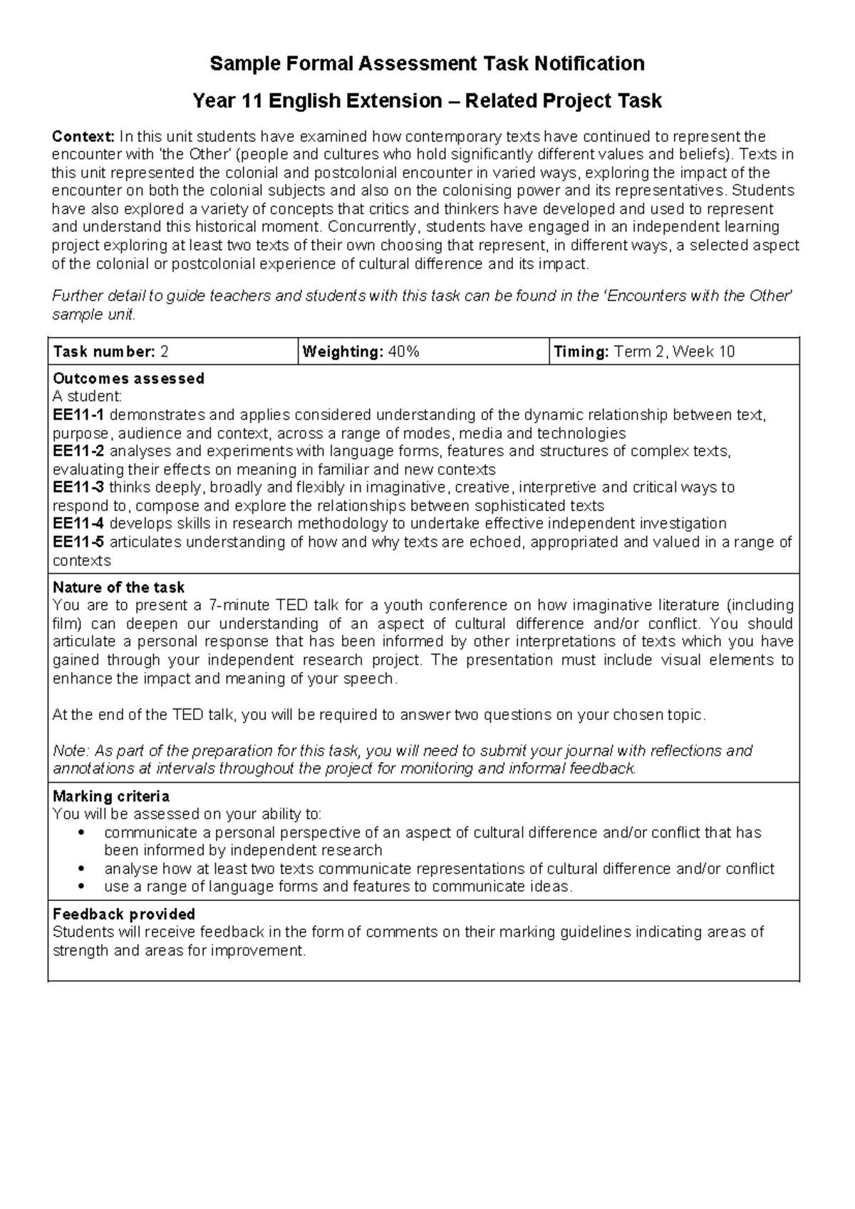 Year 11 English Extension: Sample Assessment Task on Cultural ...