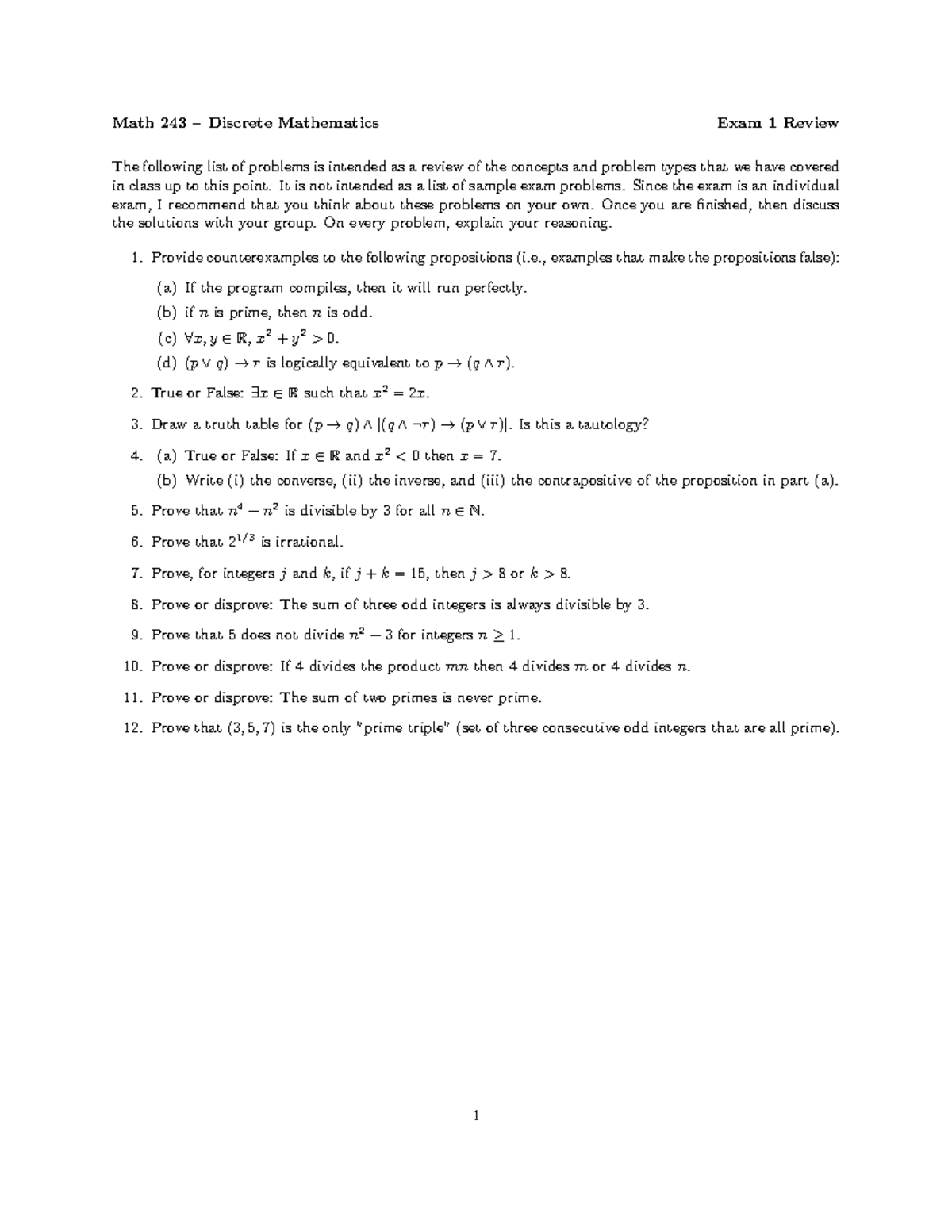 Math 243 Exam 1 Review - Discrete Mathematics Concepts & Problems - Studocu