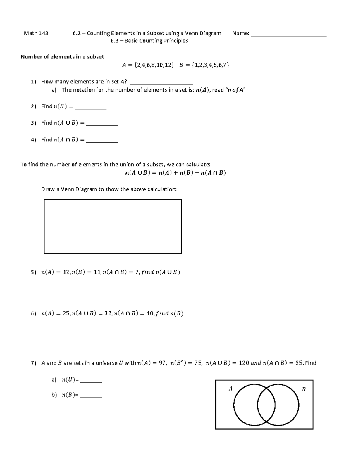 Math 143 Final Exam: Counting Elements with Venn Diagrams and ...