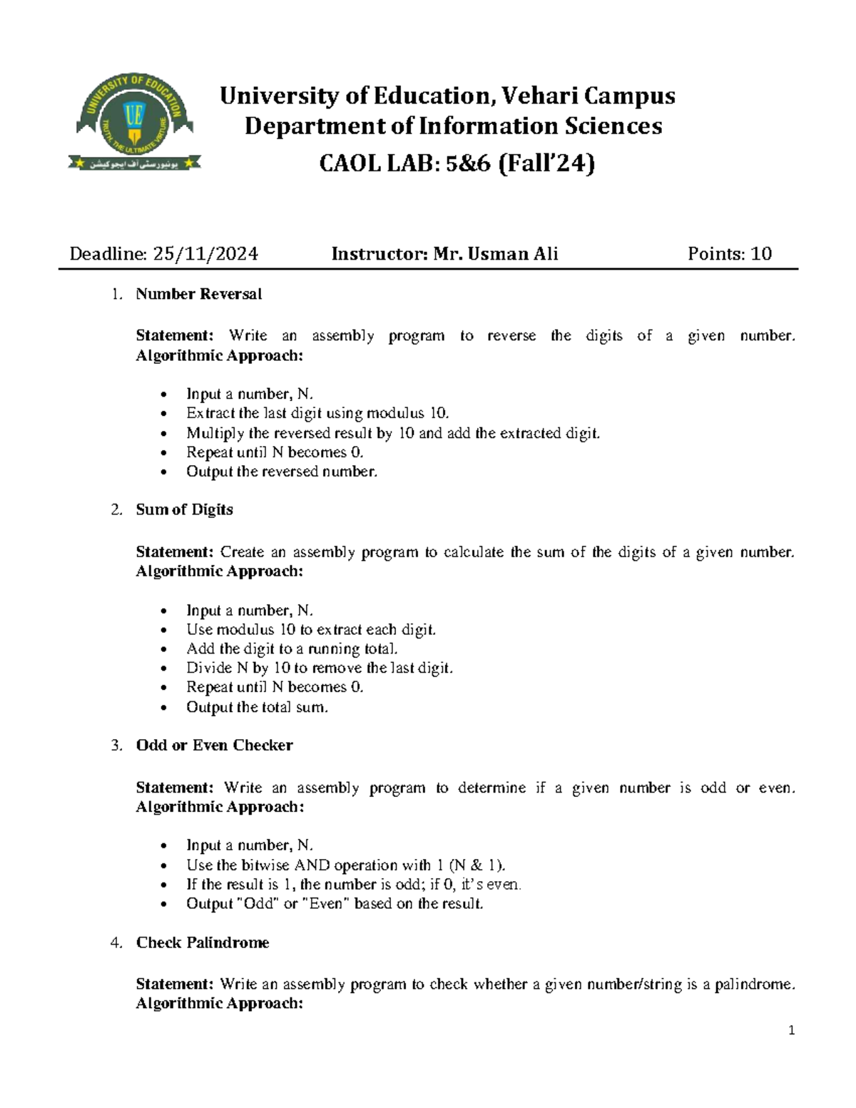 COAL Lab Tasks 5 & 6: Assembly Programming Exercises - Studocu