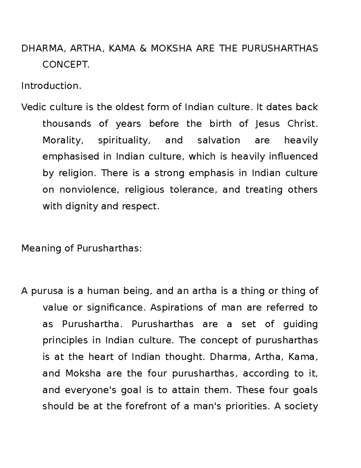 Purusharthas in Indian Culture: Dharma, Artha, Kama & Moksha - Studocu