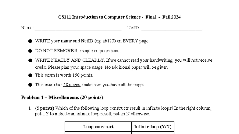 F24 CS111 Final Exam: Introduction to Computer Science Guide - Studocu