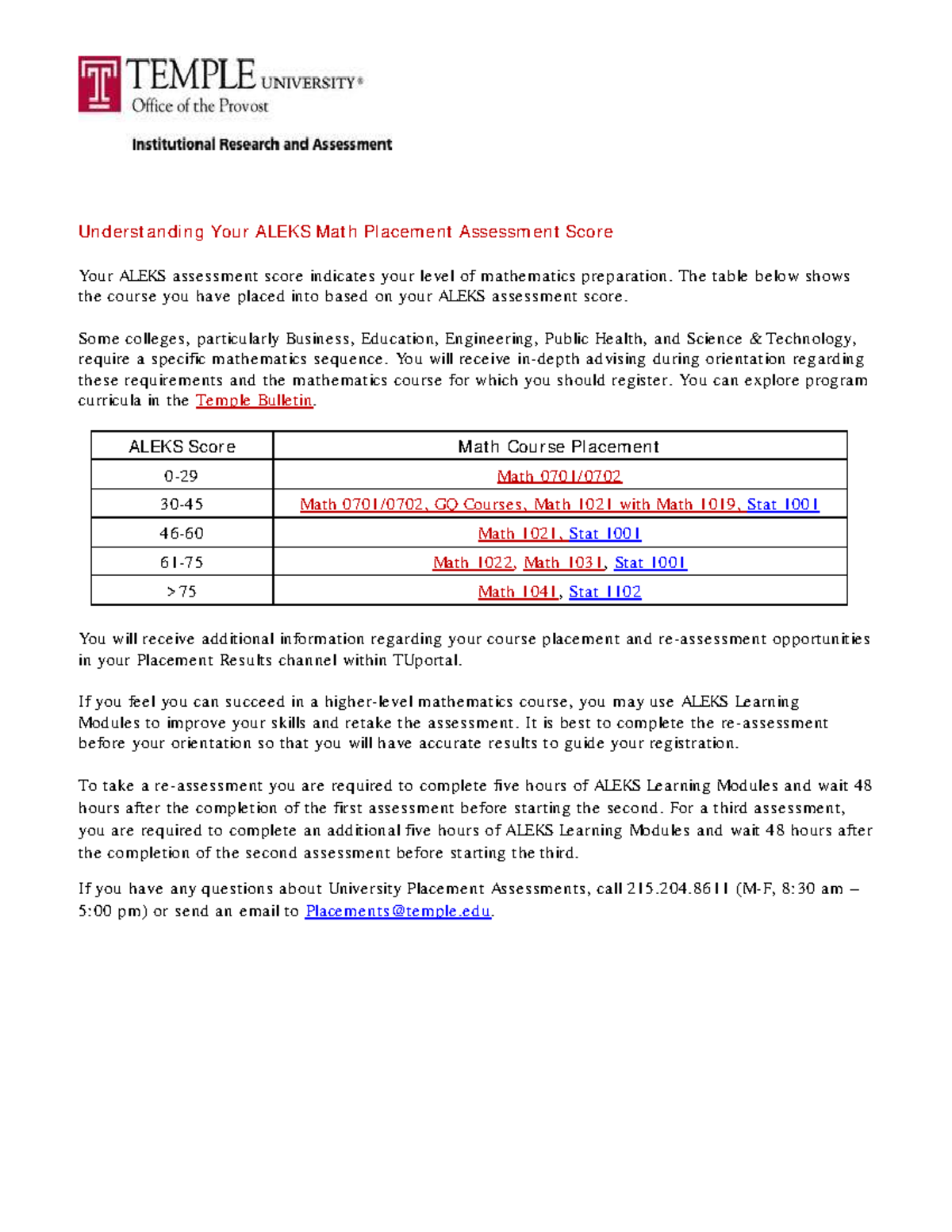 ALEKS Math Placement Assessment Guide: Understanding Your Score - Studocu