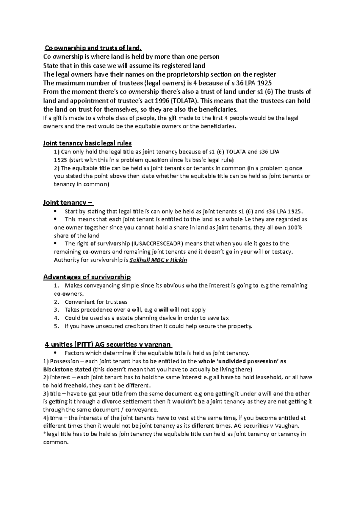 LAND LAW - CO - Co-Ownership and Trusts Summary - Studocu