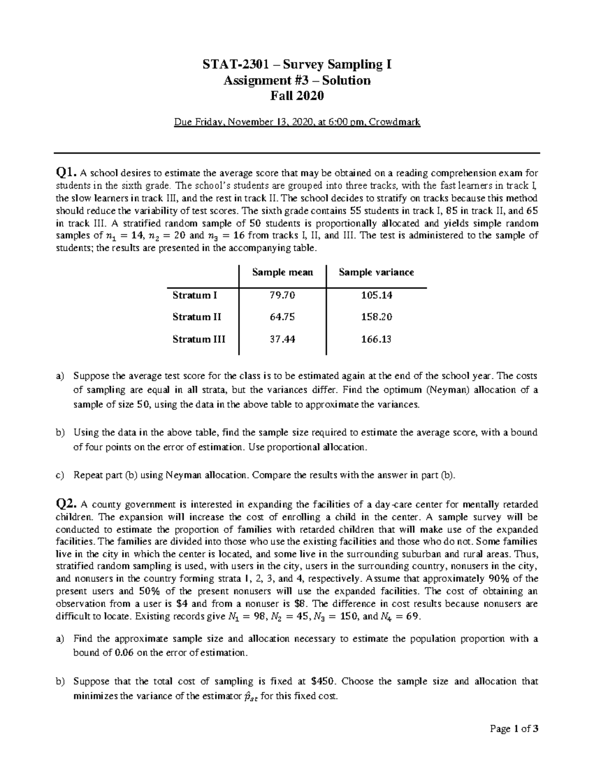 STAT2301 Assignment 3 Solutions - Fall 2020 Analysis - Studocu