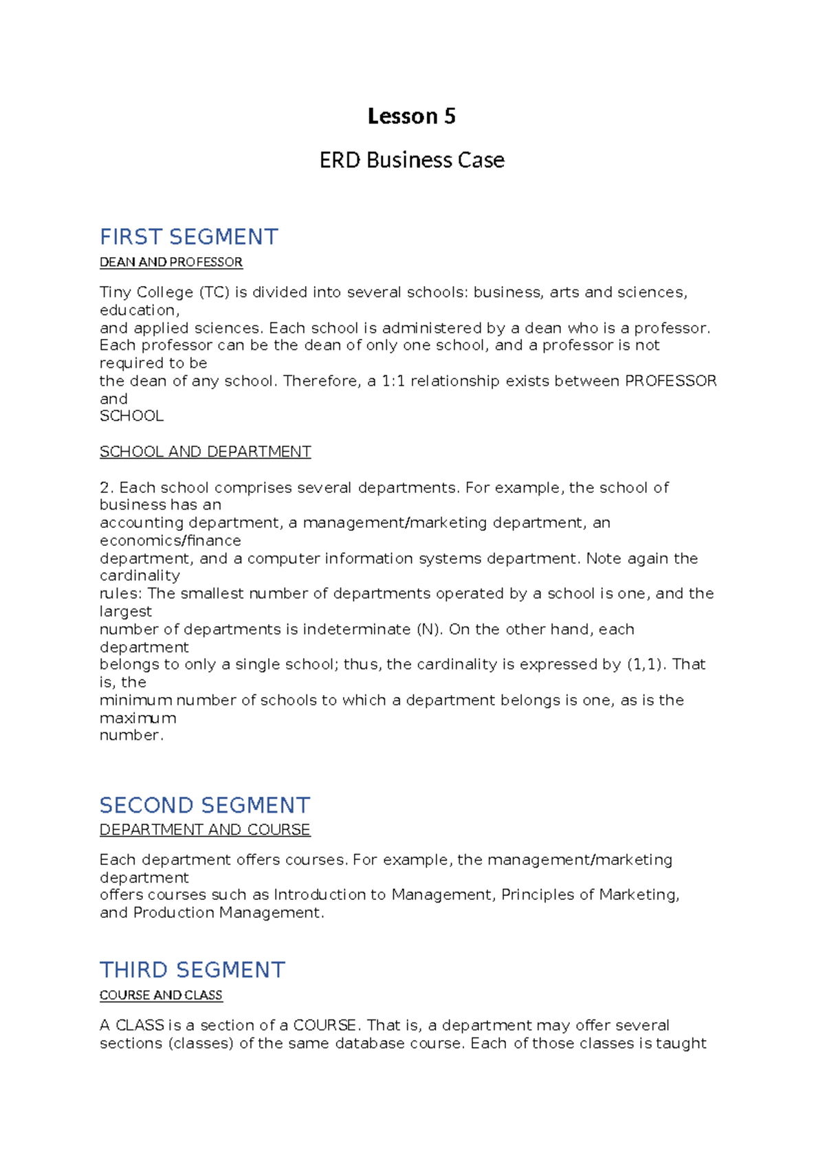 Lesson 5 - ERD Business Case Notes for TC - Studocu