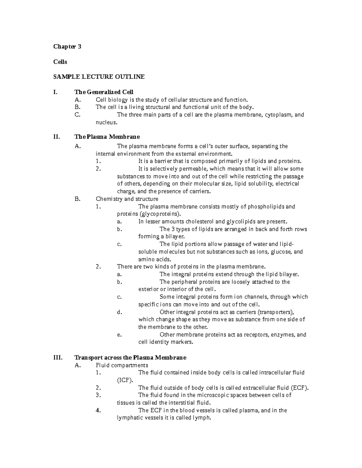 Chapter 3: Cells - Detailed Lecture Outline for Course XXX - Studocu