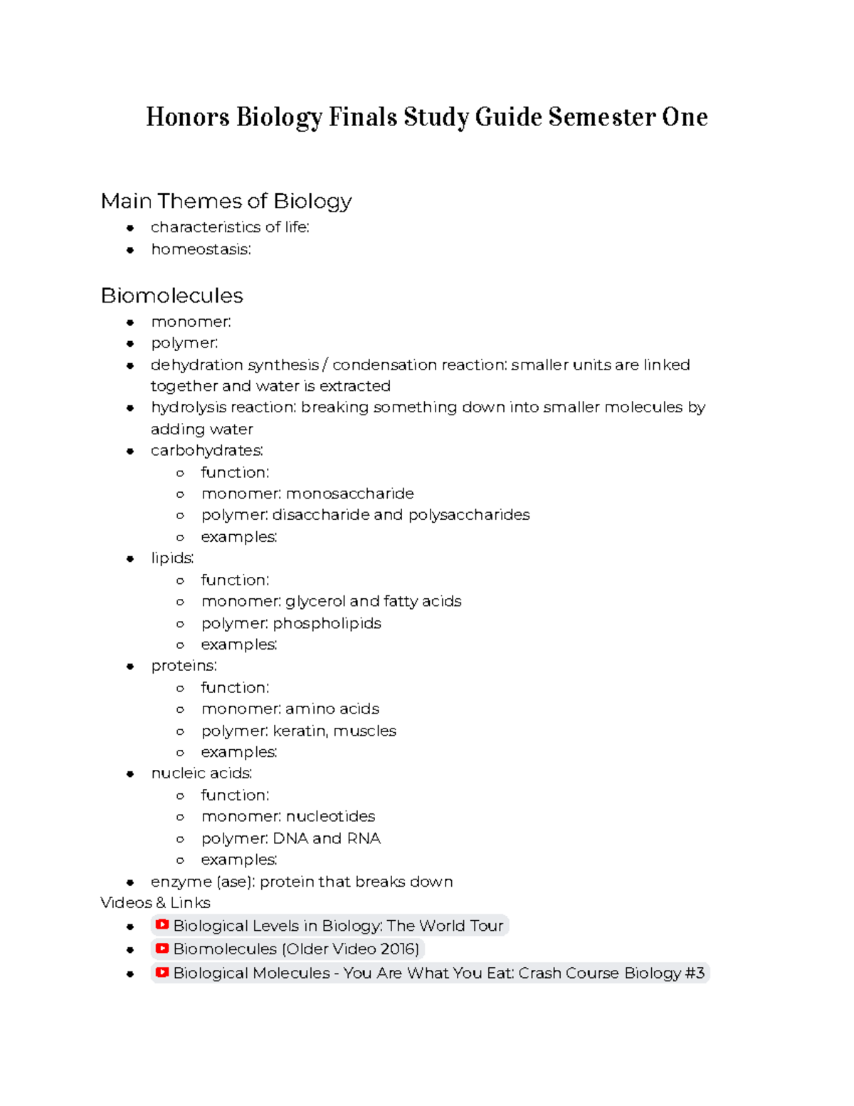 Honors Biology Final Exam Study Guide: Key Concepts for Semester One ...