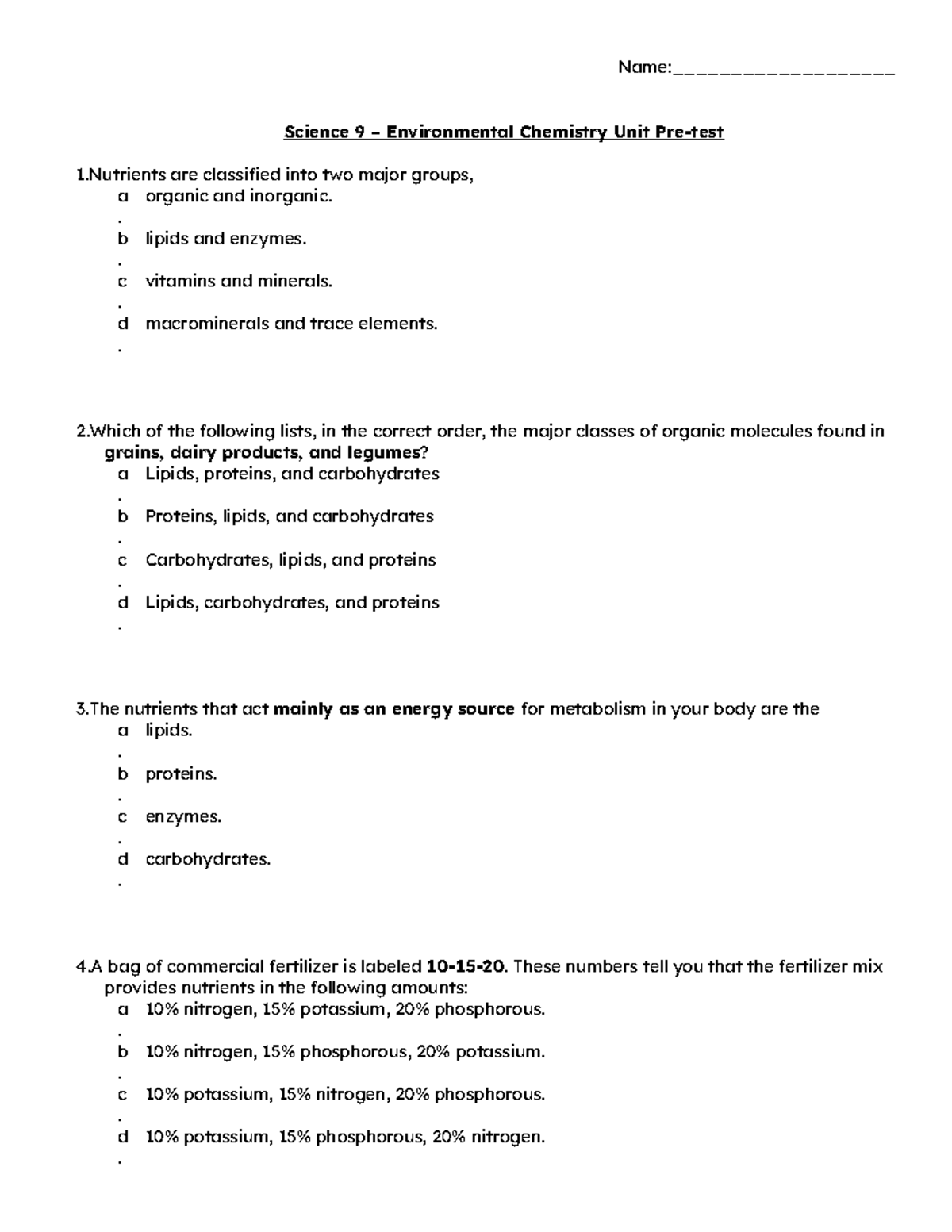 Science 9 Environmental Chemistry Unit 1 Pretest Questions - Studocu