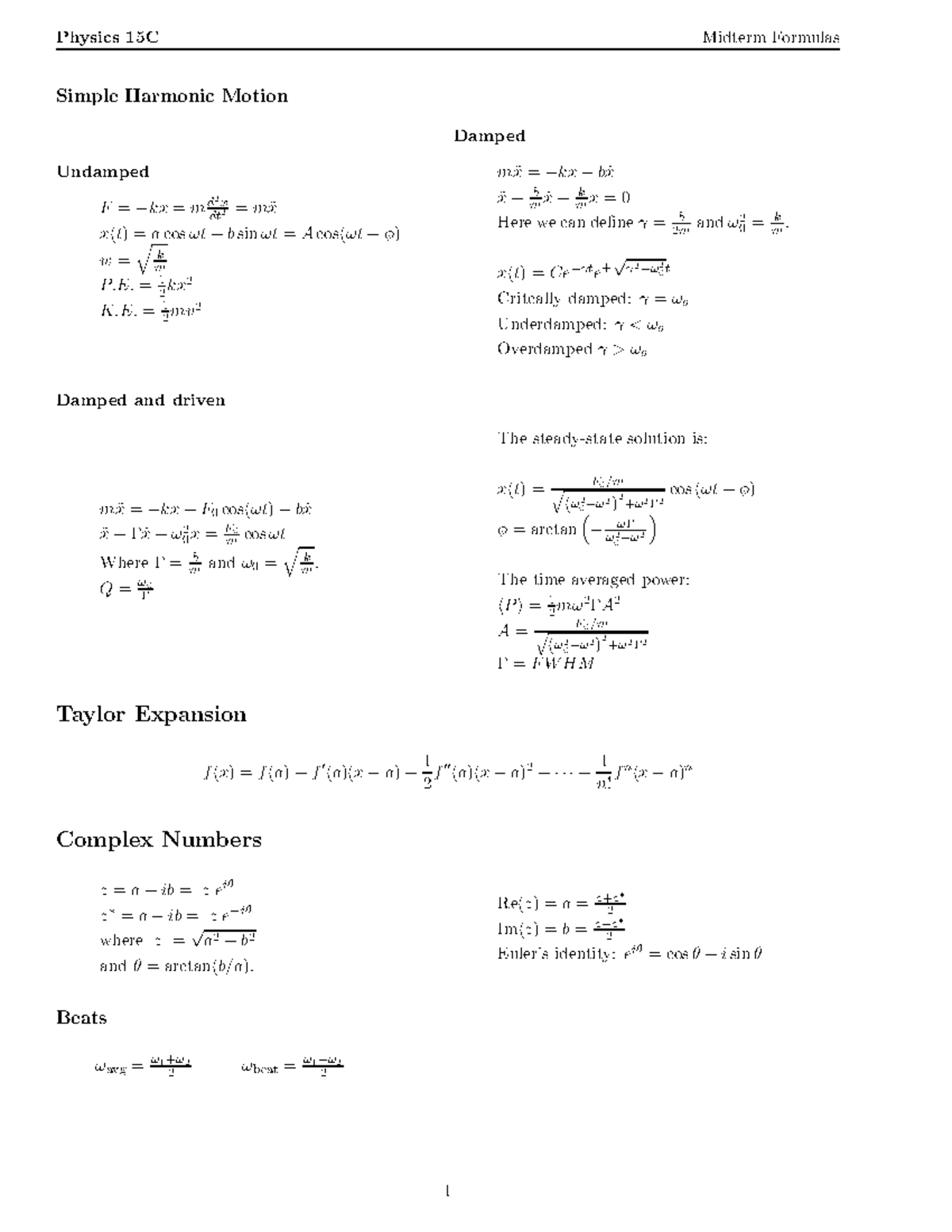 Midterm formulas - Physics 15 C Midterm Formulas Simple Harmonic Motion ...
