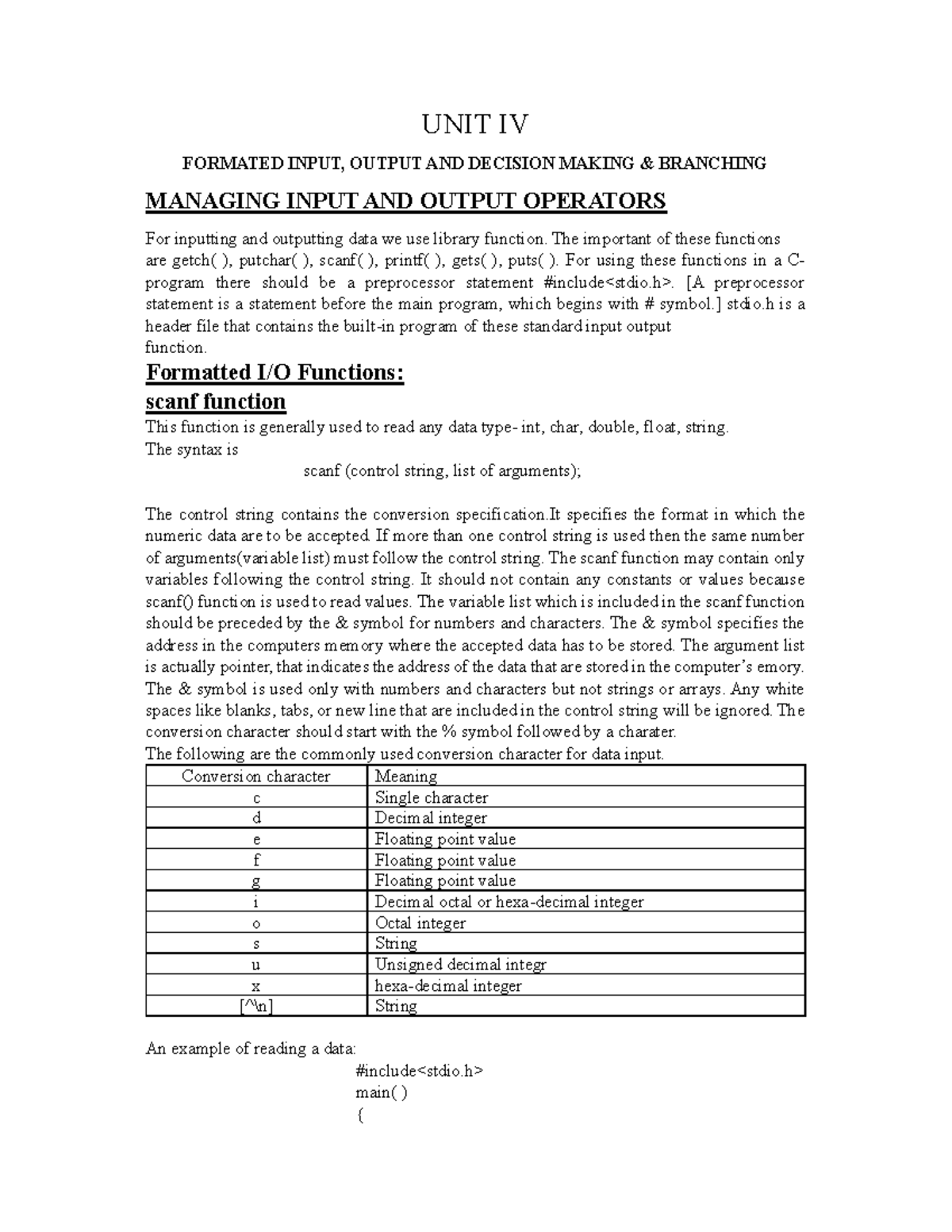 C Programming: Unit IV & V - Formatted Input, Output, Decision Making ...