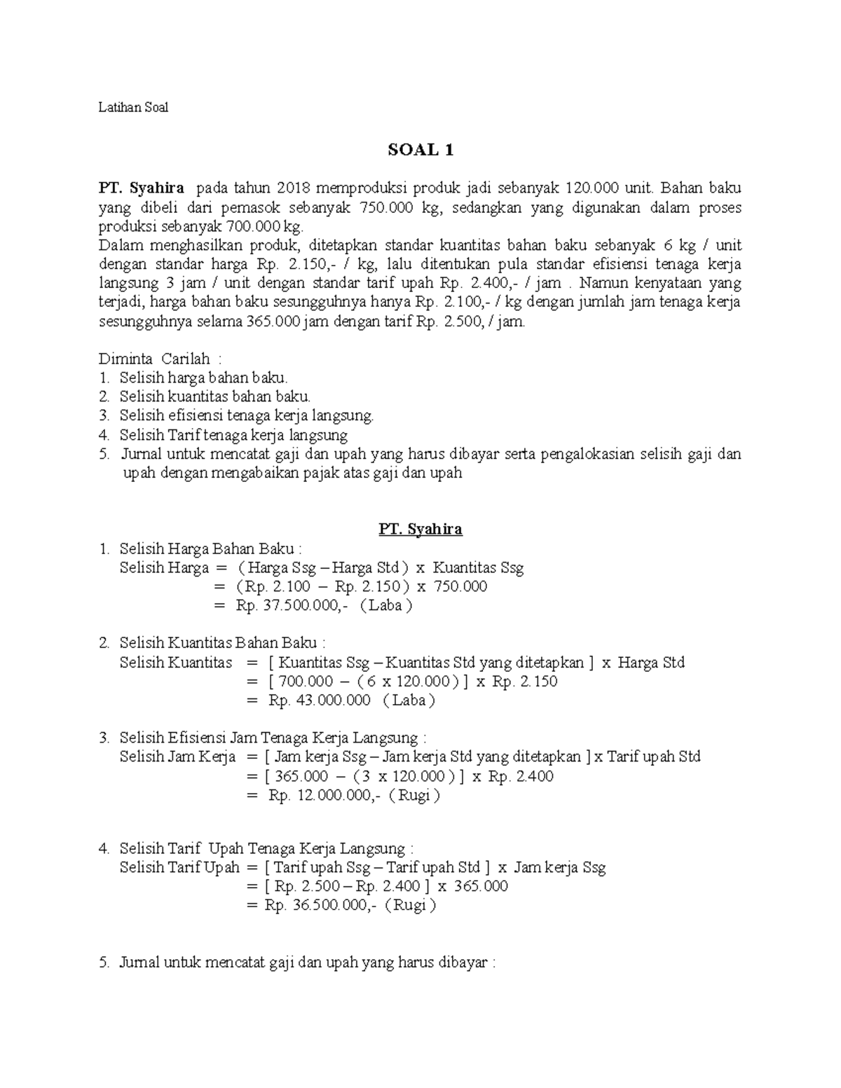 Latihan Soal Biaya Standar Dan Analisis Efisiensi Produksi Studocu