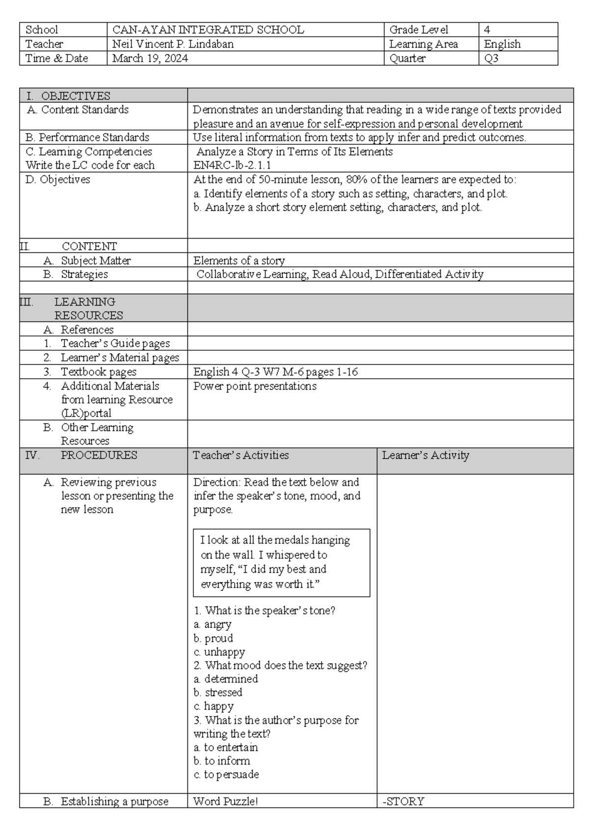 English 4 Lesson Plan: Analyzing Story Elements - March 19 - Studocu