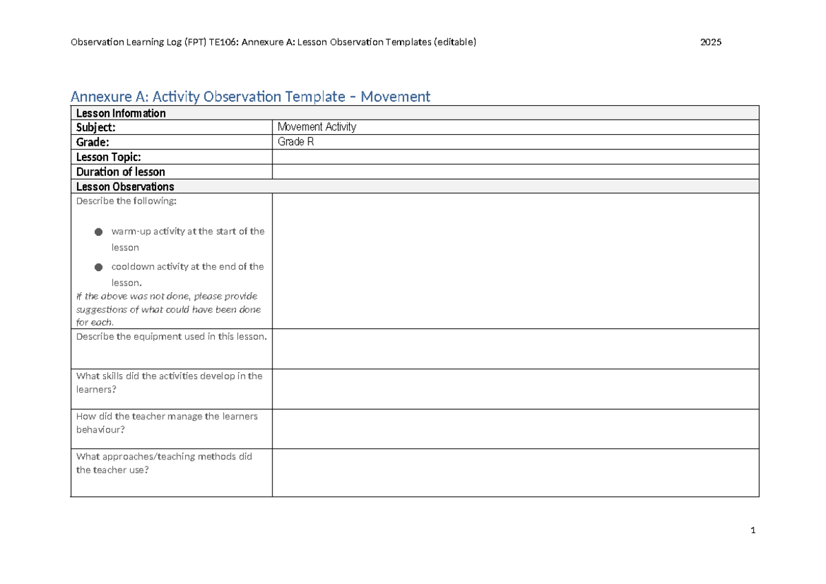 TEXP5119 TE106: Editable Lesson Observation Templates for 2025 - Studocu