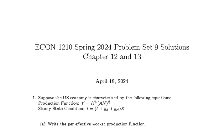 ECON 1210 Spring 2024 Problem Set 9 Solutions: Chapters 12 & 13 - Studocu