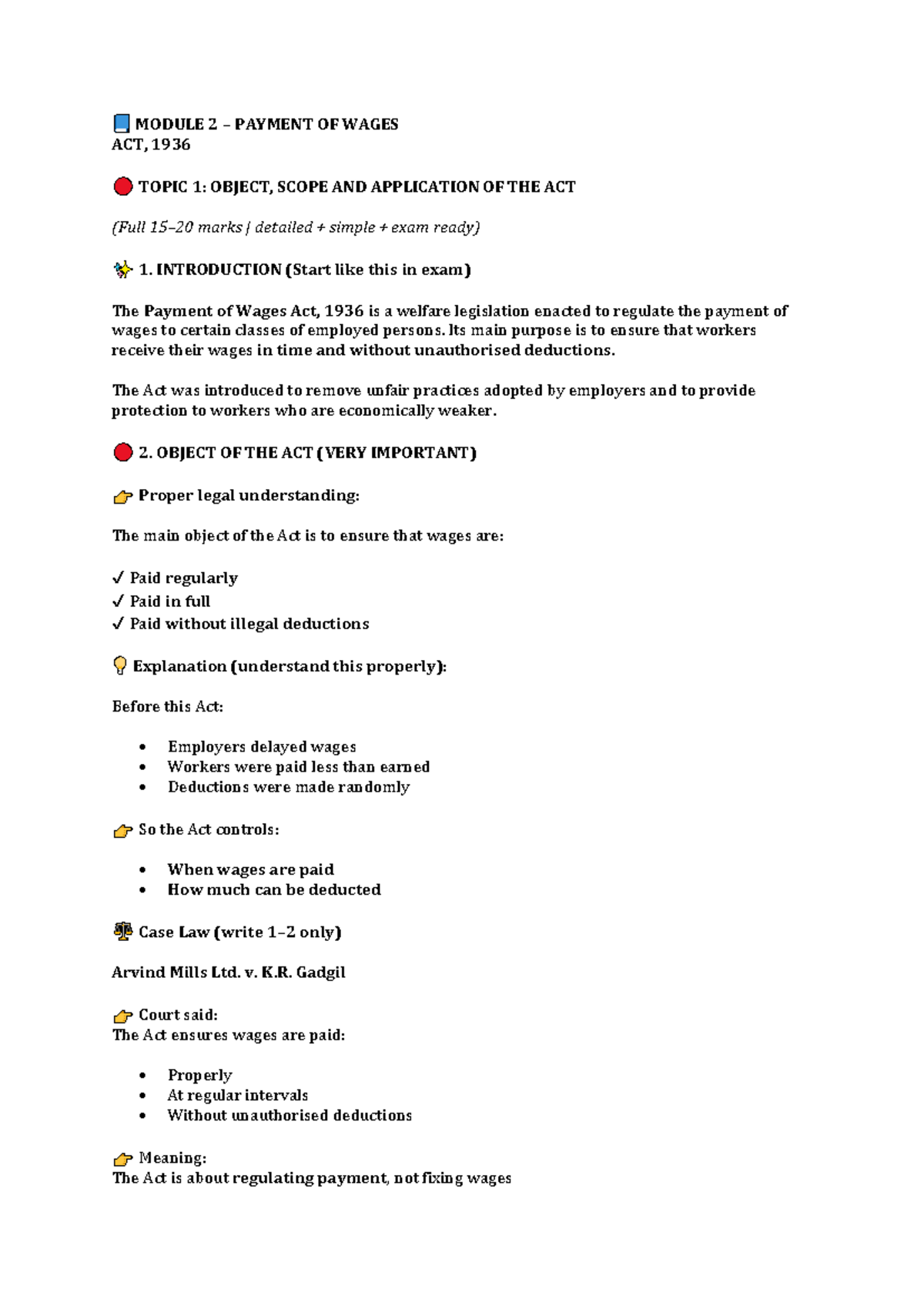 MODULE 2 PAYMENT OF WAGES ACT, 1936: Comprehensive Exam Notes - Studocu