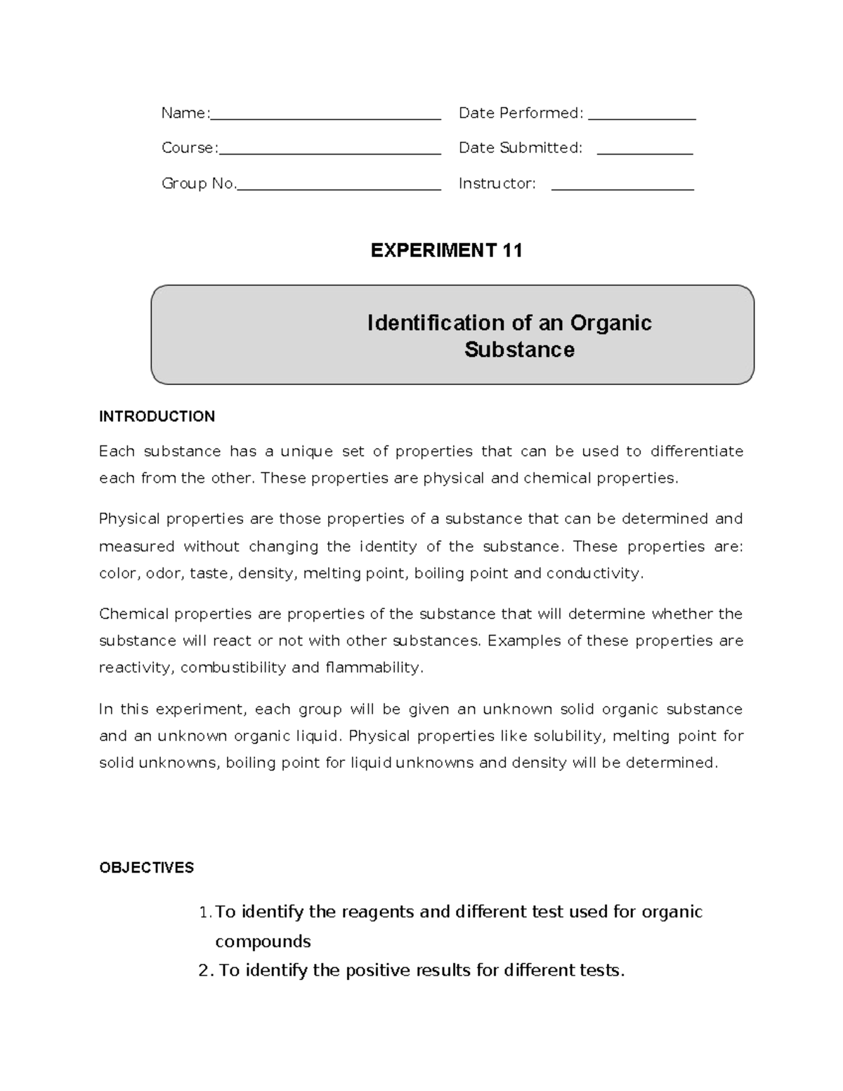 Experiment 11: Identifying Organic Substances and Their Properties ...