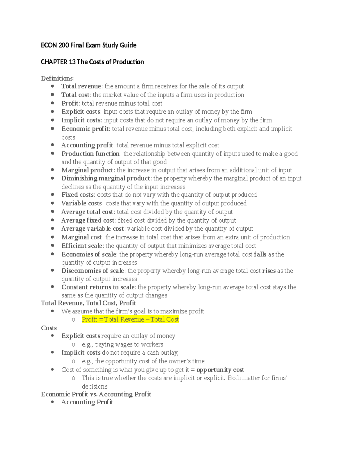 ECON 200 Final Exam Study Guide: Key Concepts of Production Costs - Studocu
