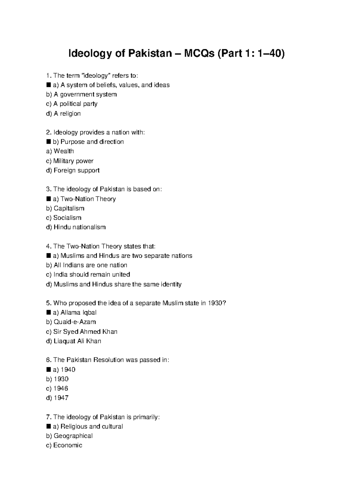 Ideology of Pakistan MCQs (Part 1) - Key Concepts and Questions - Studocu