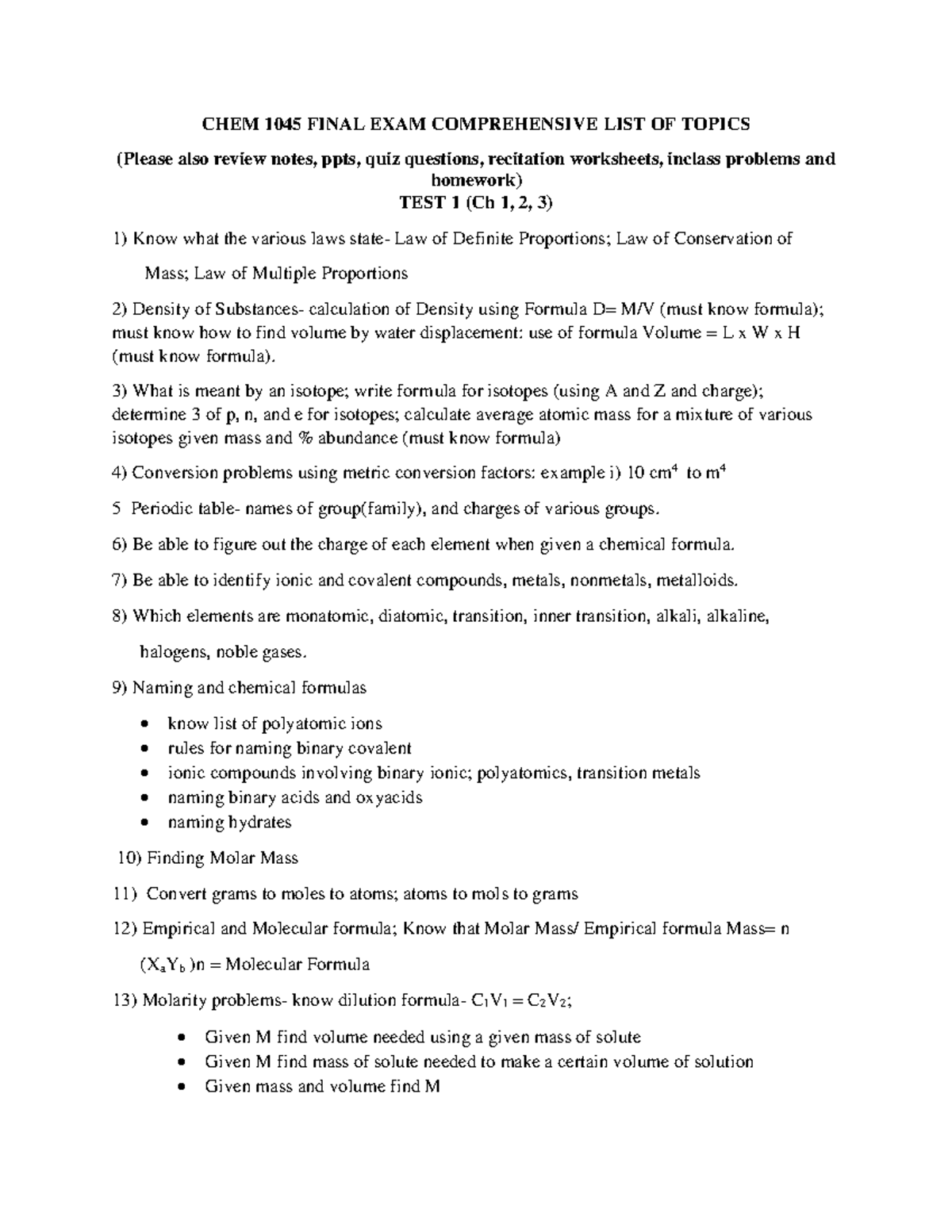 CHEM 1045 Final Exam Comprehensive Topic Review - Fall 2020 - Studocu