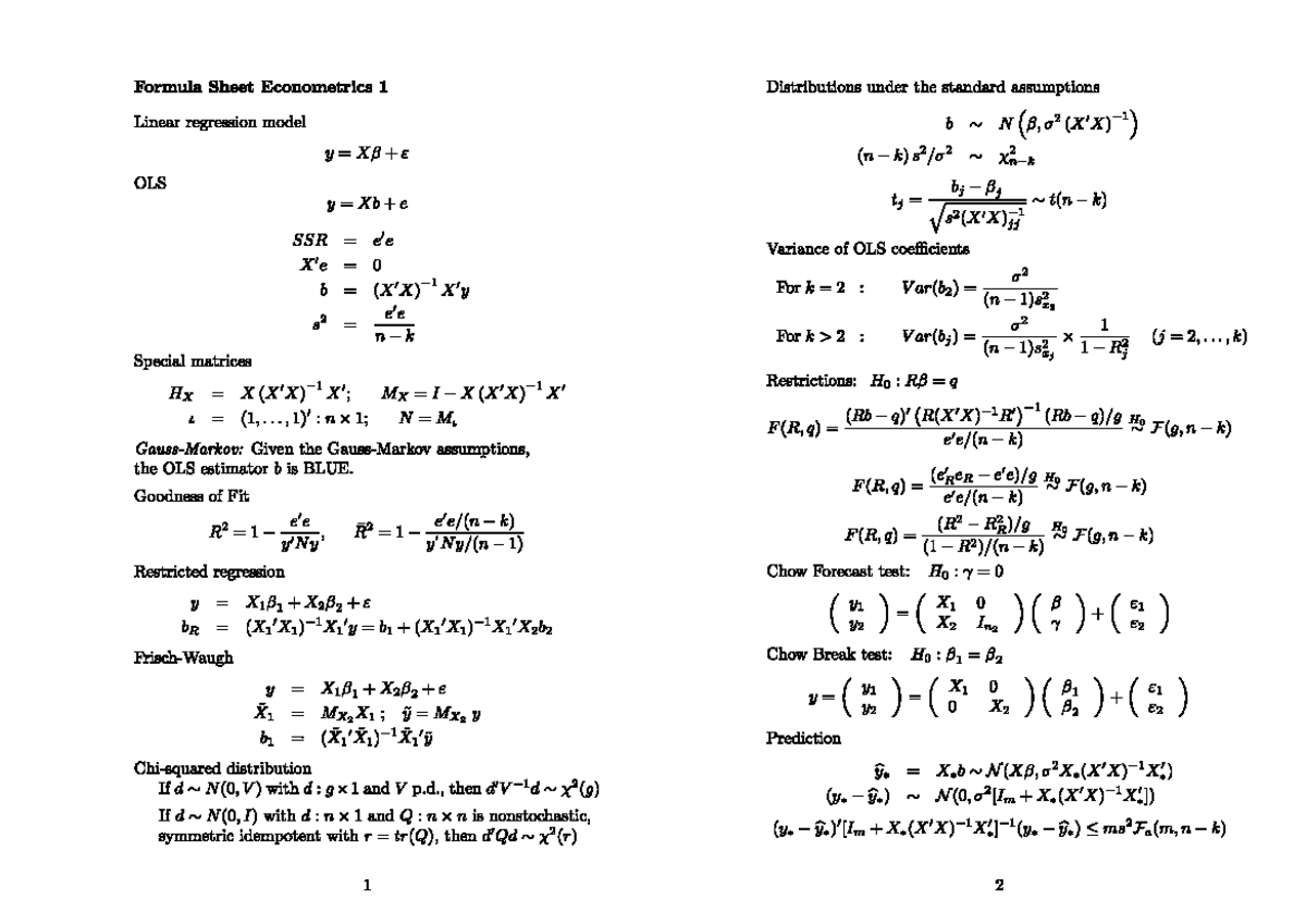 Formulas for EC1 2023 - Key Statistics Concepts and Theorems - Studeersnel
