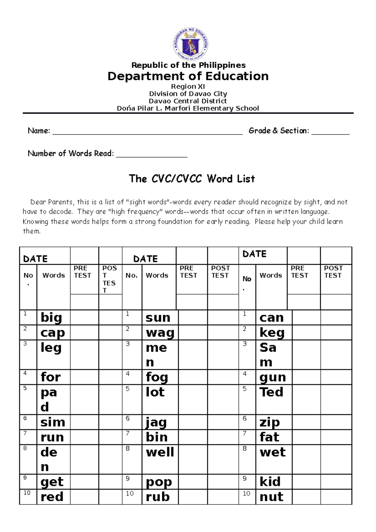 CVC Pretest and Posttest - Early Reading Assessment Tools - Studocu