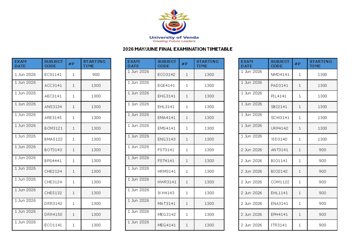 2026 MAY/JUNE FINAL EXAM TIMETABLE - UPDATED VERSION - Studocu