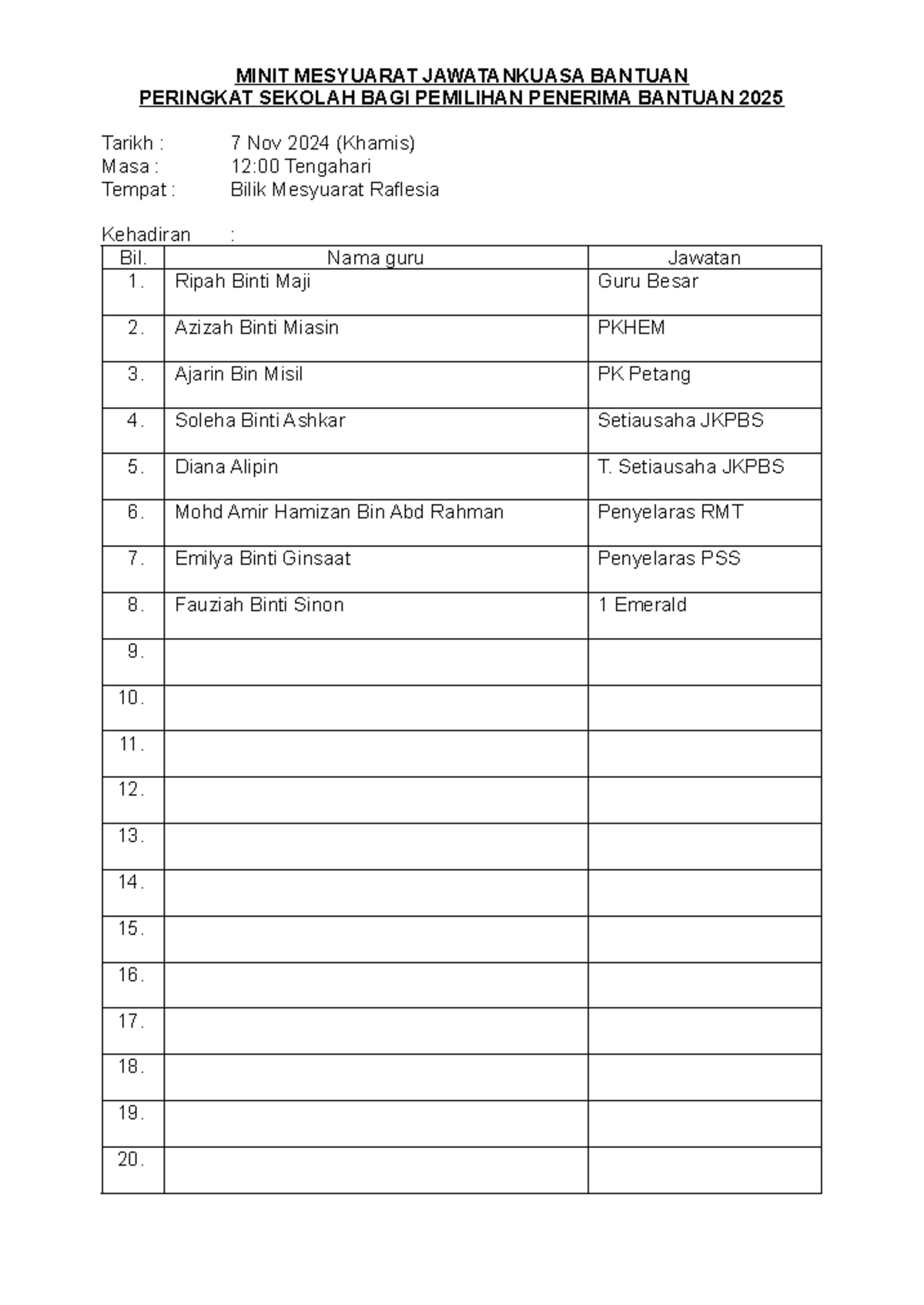 Minut Mesyuarat Jawatankuasa Bantuan RMT 2025 - 7 Nov 2024 - Studocu