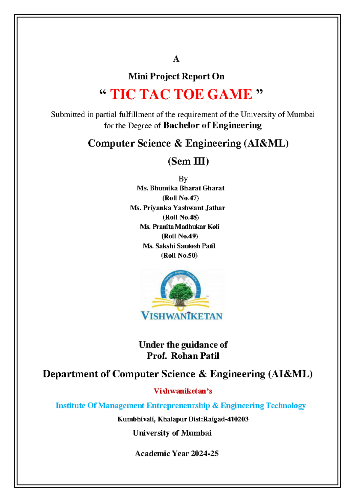 JAVA PRO - Maja lavada ghe - A Mini Project Report On “ TIC TAC TOE ...