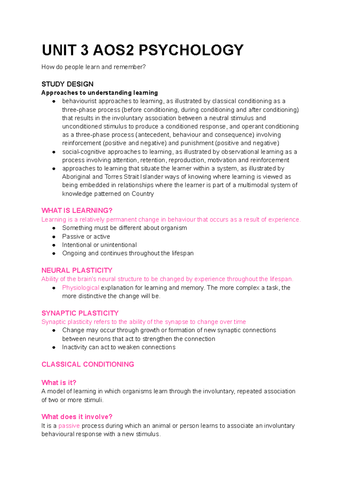 UNIT 3 AOS2 PSYCHOLOGY: Understanding Learning and Memory Processes ...