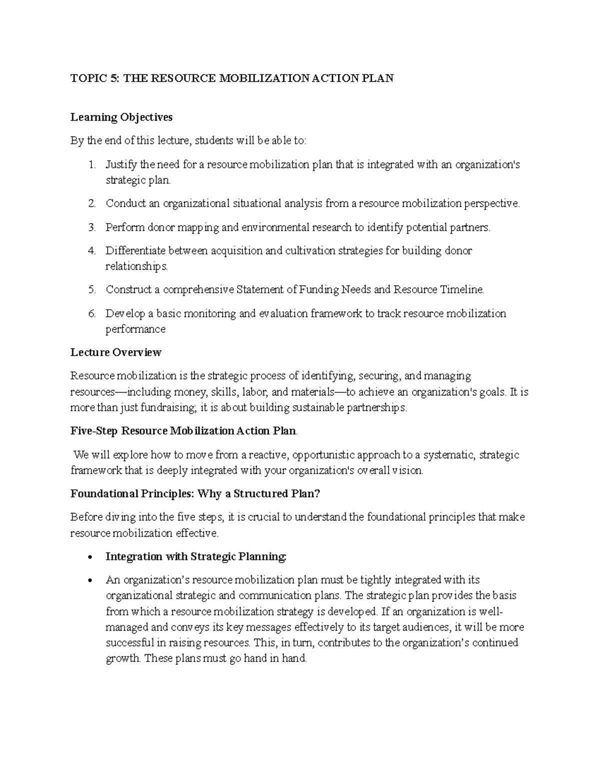 Topic 5: Resource Mobilization Action Plan - Lecture Notes 2026 - Studocu