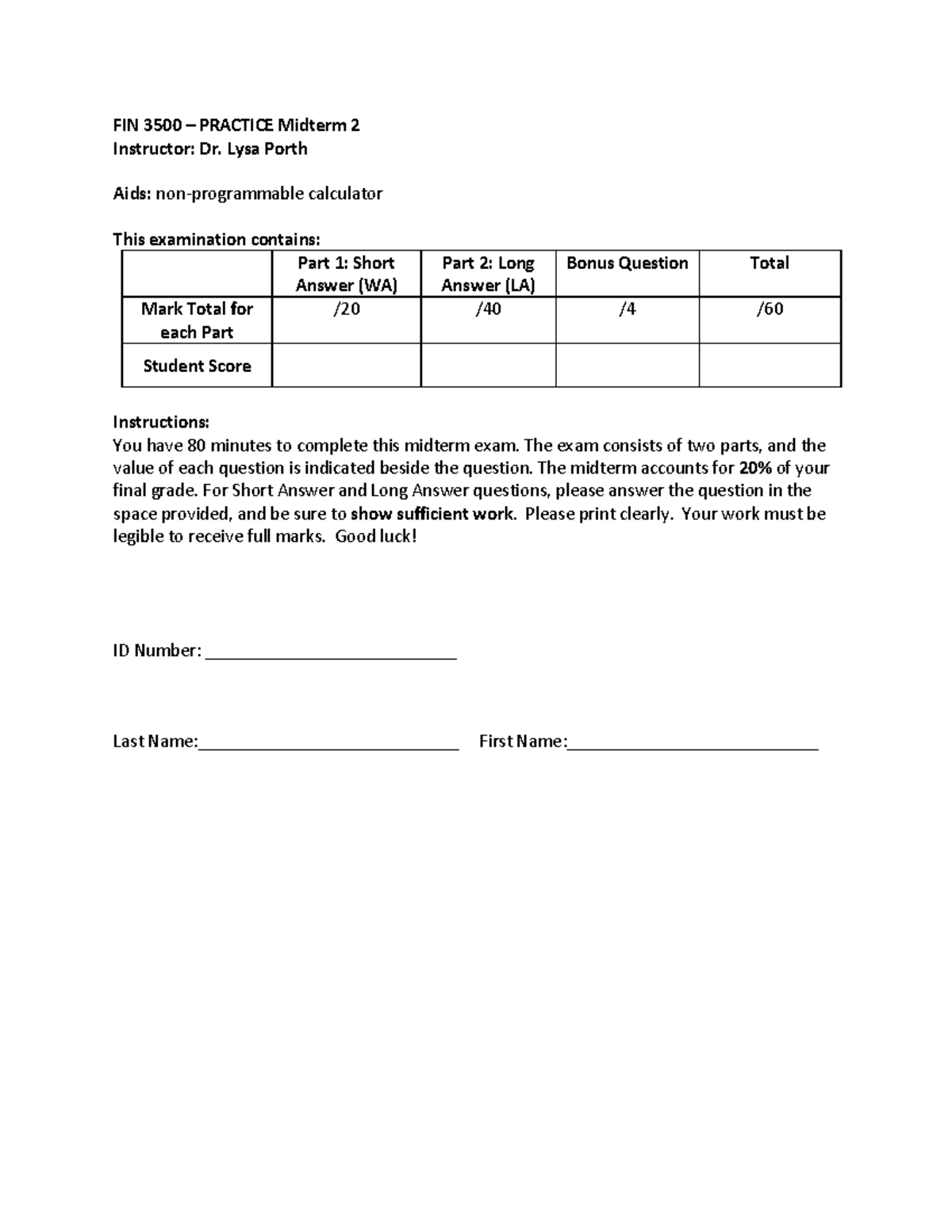 FIN 3500 - Midterm 2 Practice Exam & Solutions Guide - Studocu