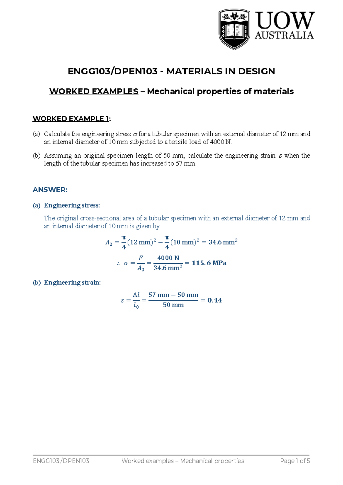 ENGG103 Worked Examples: Mechanical Properties of Materials - Studocu