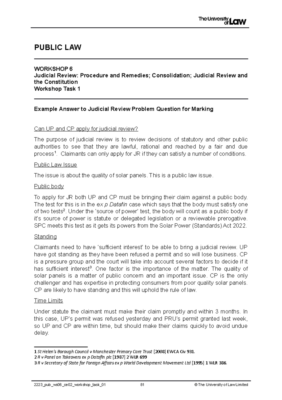 Public Law ET6 - Workshop 6 Judicial Review Task Analysis - Studocu