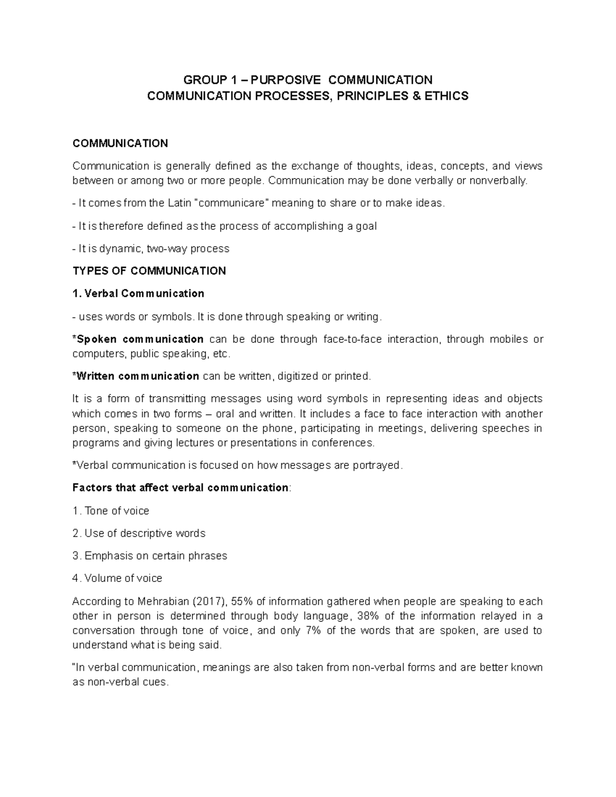 Communication Processes, Principles and Ethics - GROUP 1 – PURPOSIVE ...