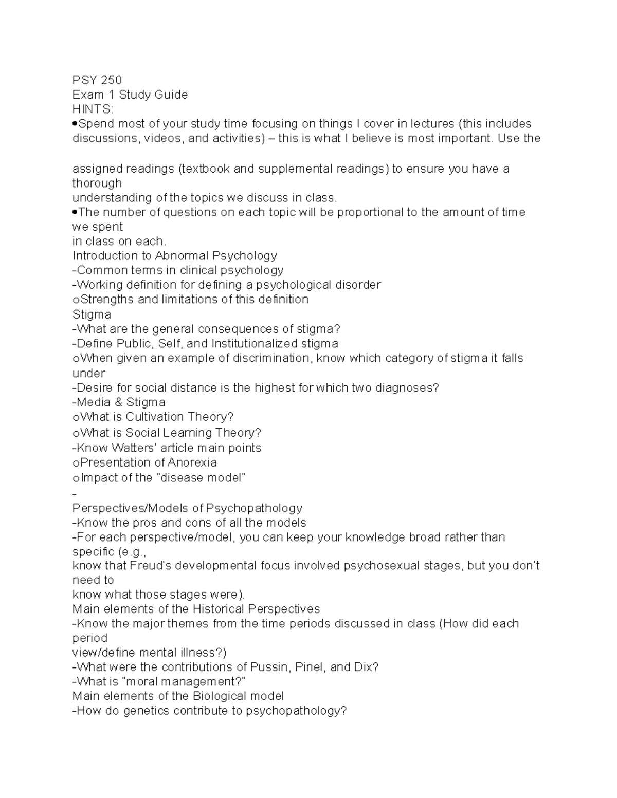 PSY 250 Exam 1 Study Guide: Key Concepts & Topics Overview - Studocu