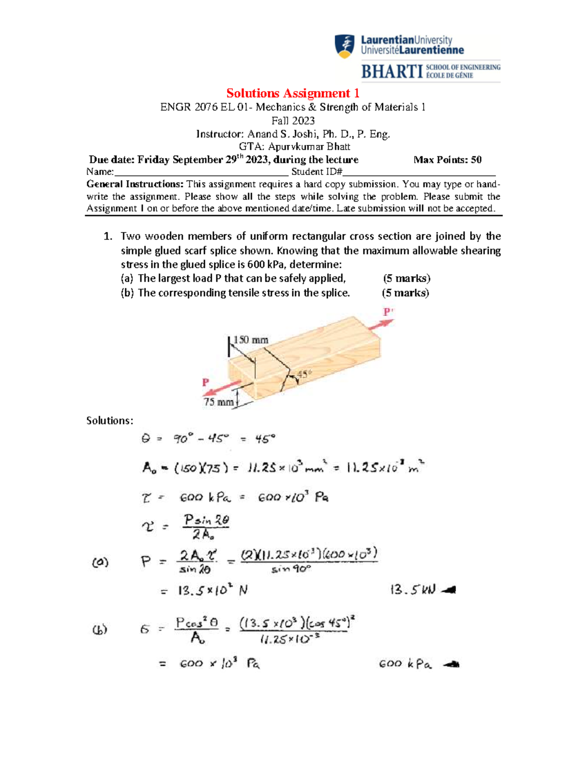 Solutions with Marking Scheme for Assignment 1 ENGR 2076 EL Mechanics ...