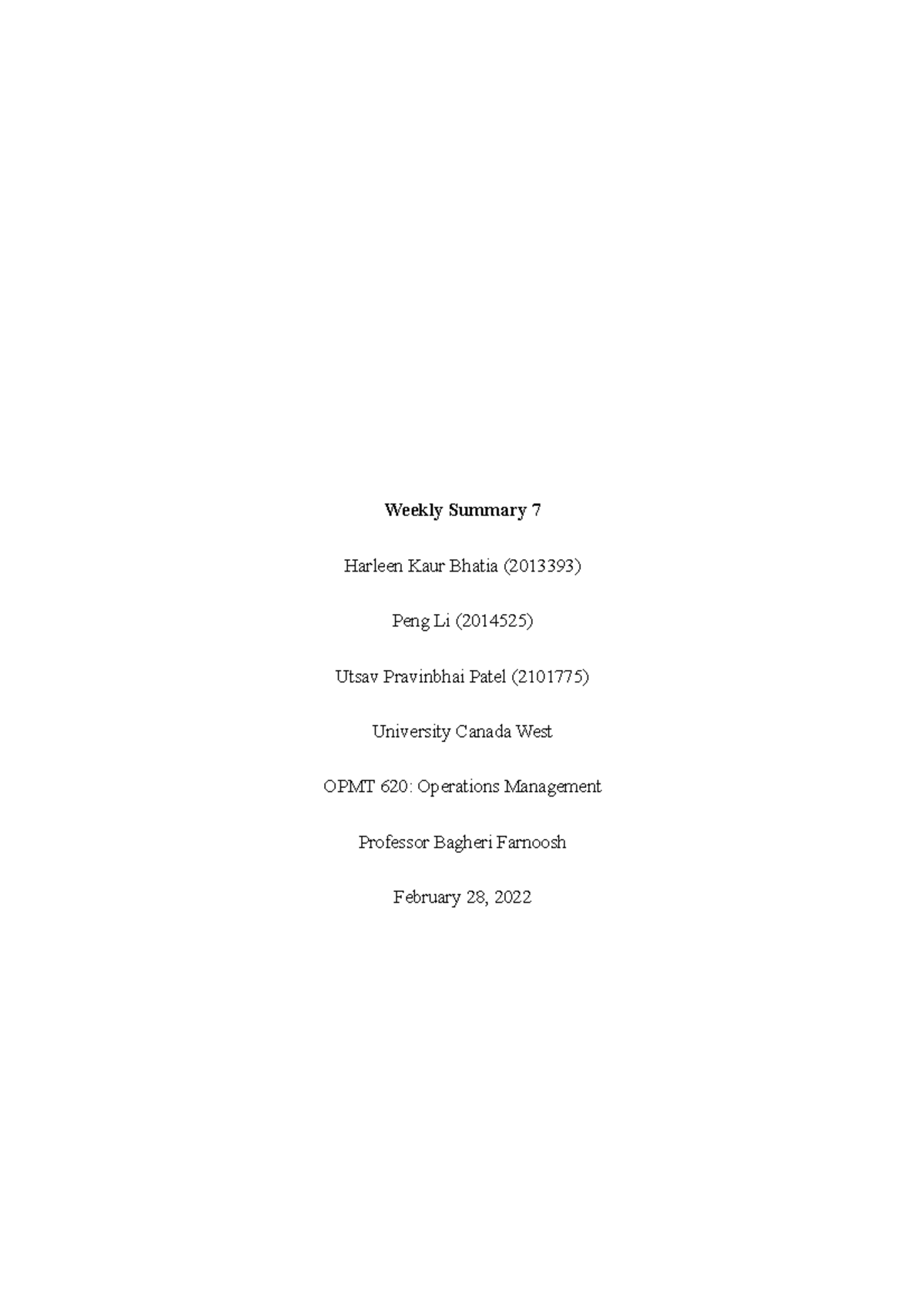 Weekly Summary: OPMT 620 - Operations Management Insights - Studocu