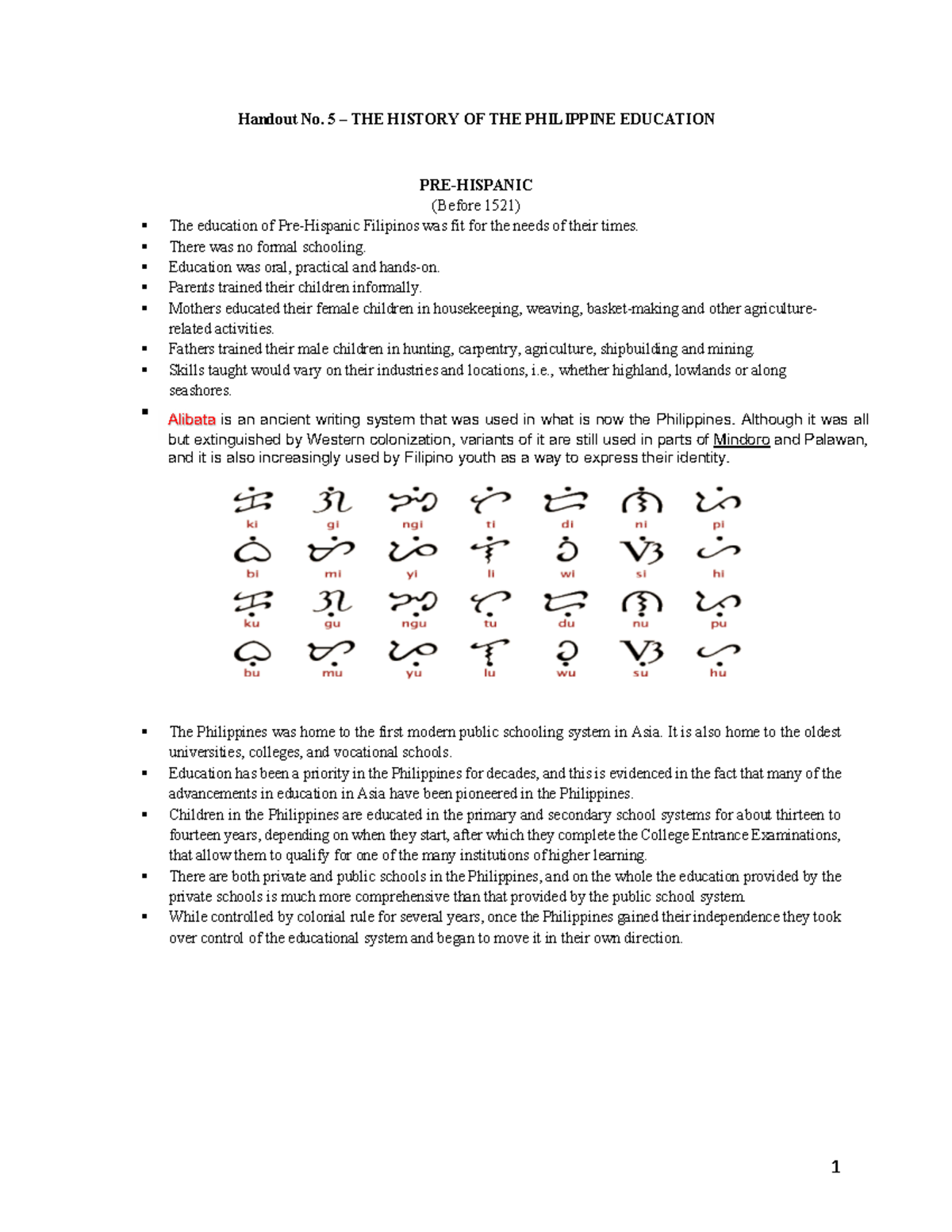 Handout 5: The Evolution of Philippine Education (Before 1521 to ...