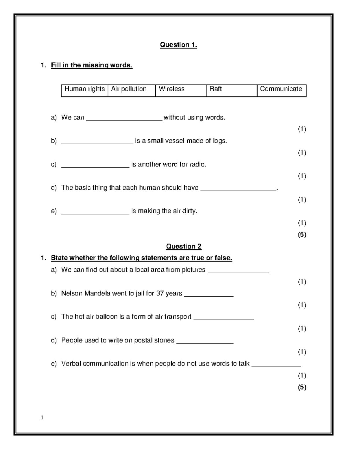 Grade 5 history baseline assessment: Human rights and transport - Studocu