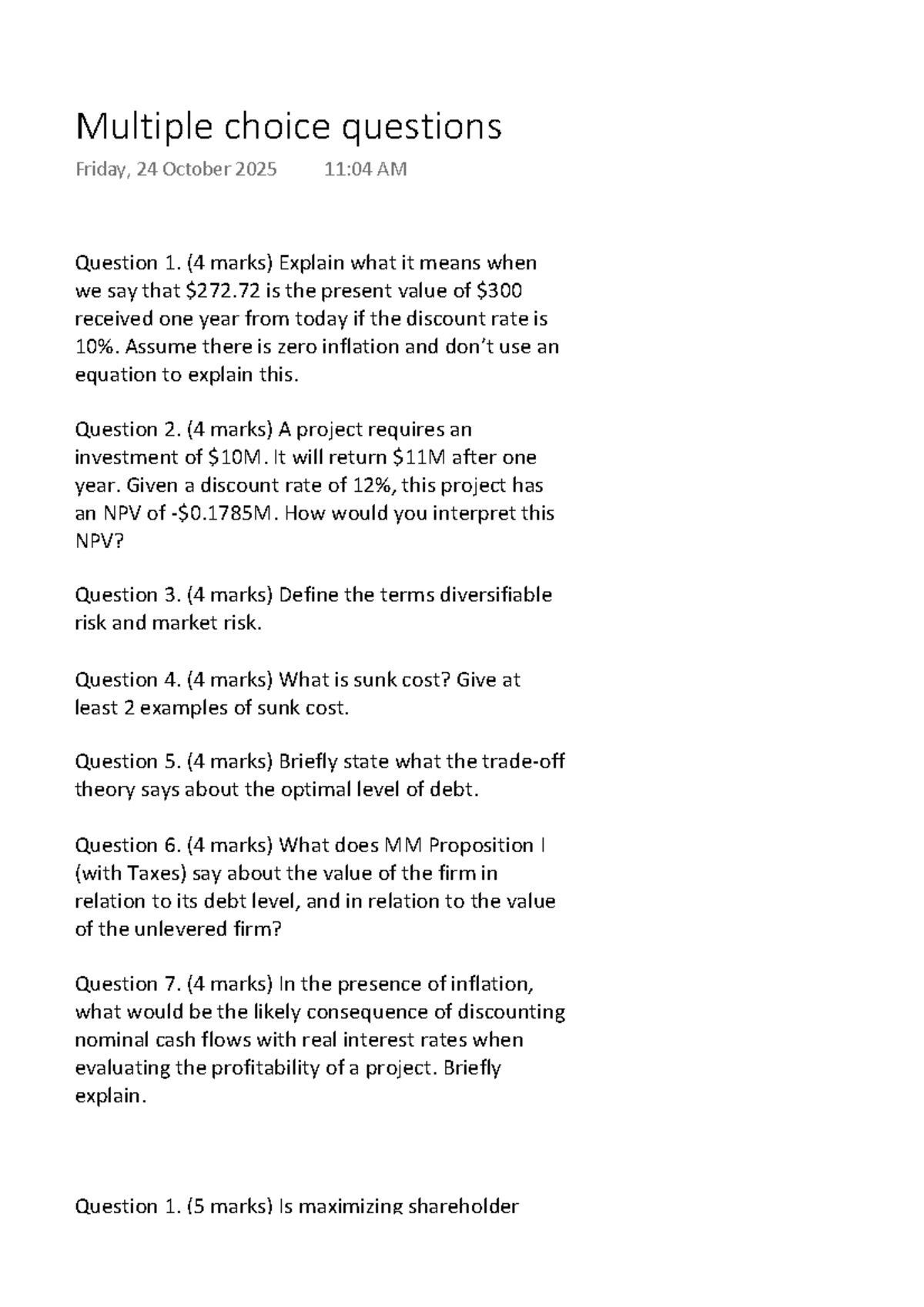 Multiple Choice Questions for Finance Course (FIN 101) - Studocu