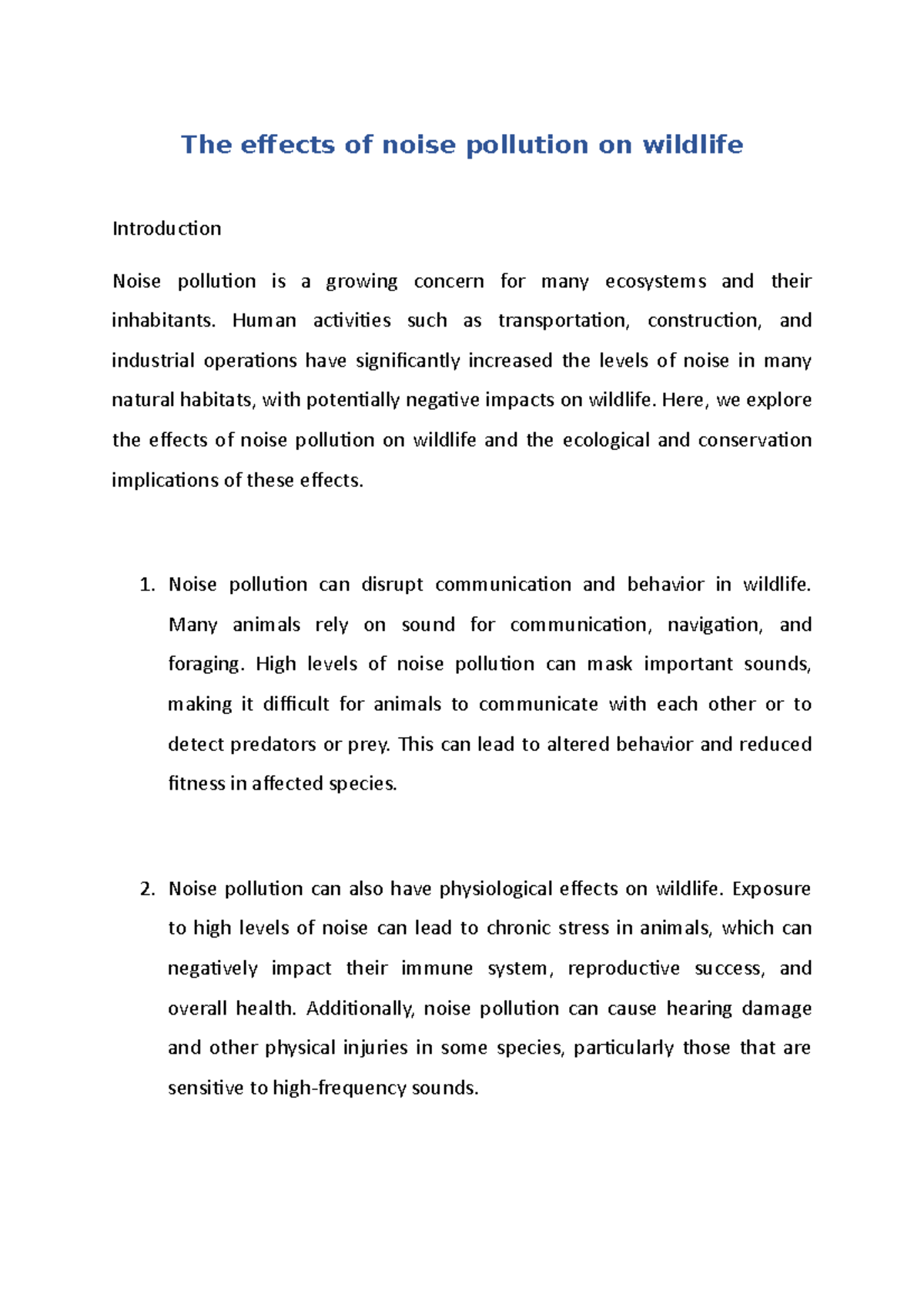The Effects of Noise Pollution on Wildlife: A Comprehensive Study - Studocu