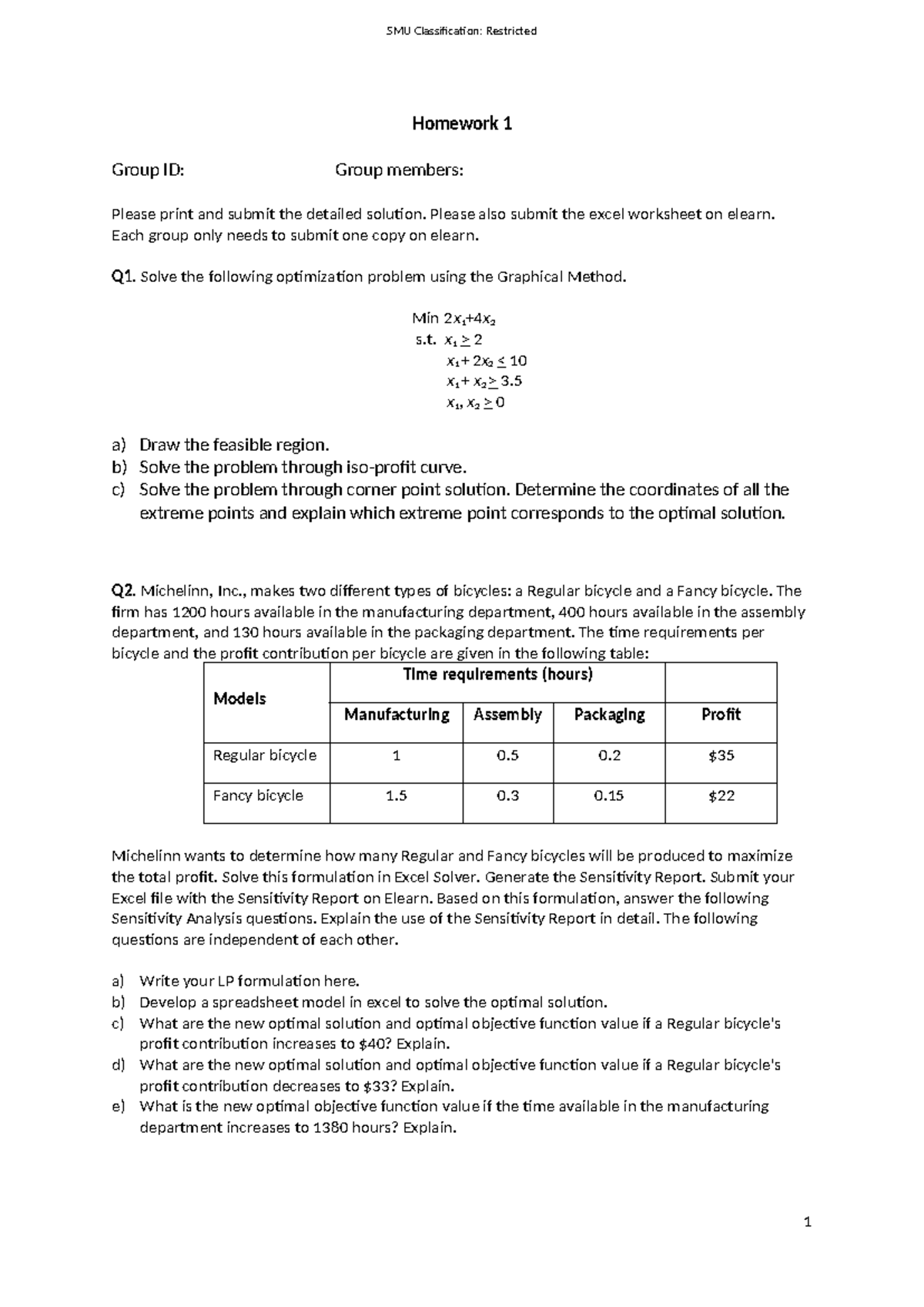 HW1 - Optimization Problems & Sensitivity Analysis (SMU) - Studocu