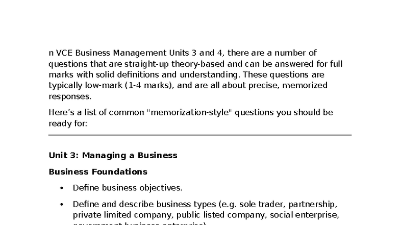 VCE Business Management Units 3 & 4: Theory Questions Guide - Studocu