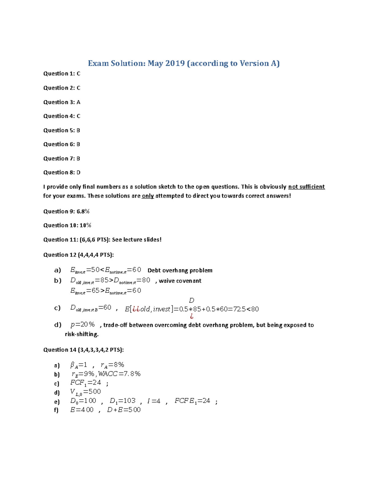 Exam CF2019 Sol A - May 2019 Answers for Tentamen - Studeersnel