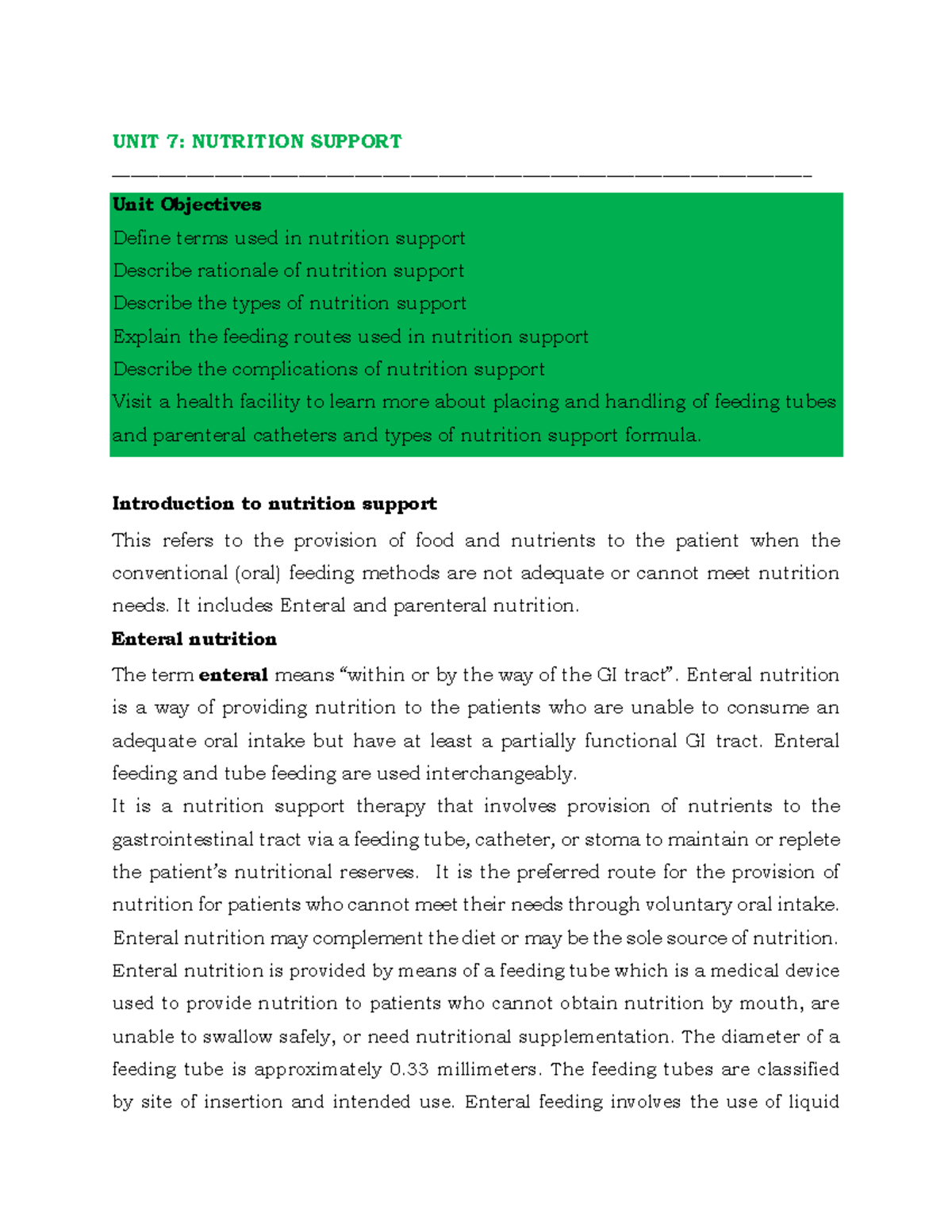 Unit 7: Nutrition Support - Key Concepts and Feeding Methods - Studocu