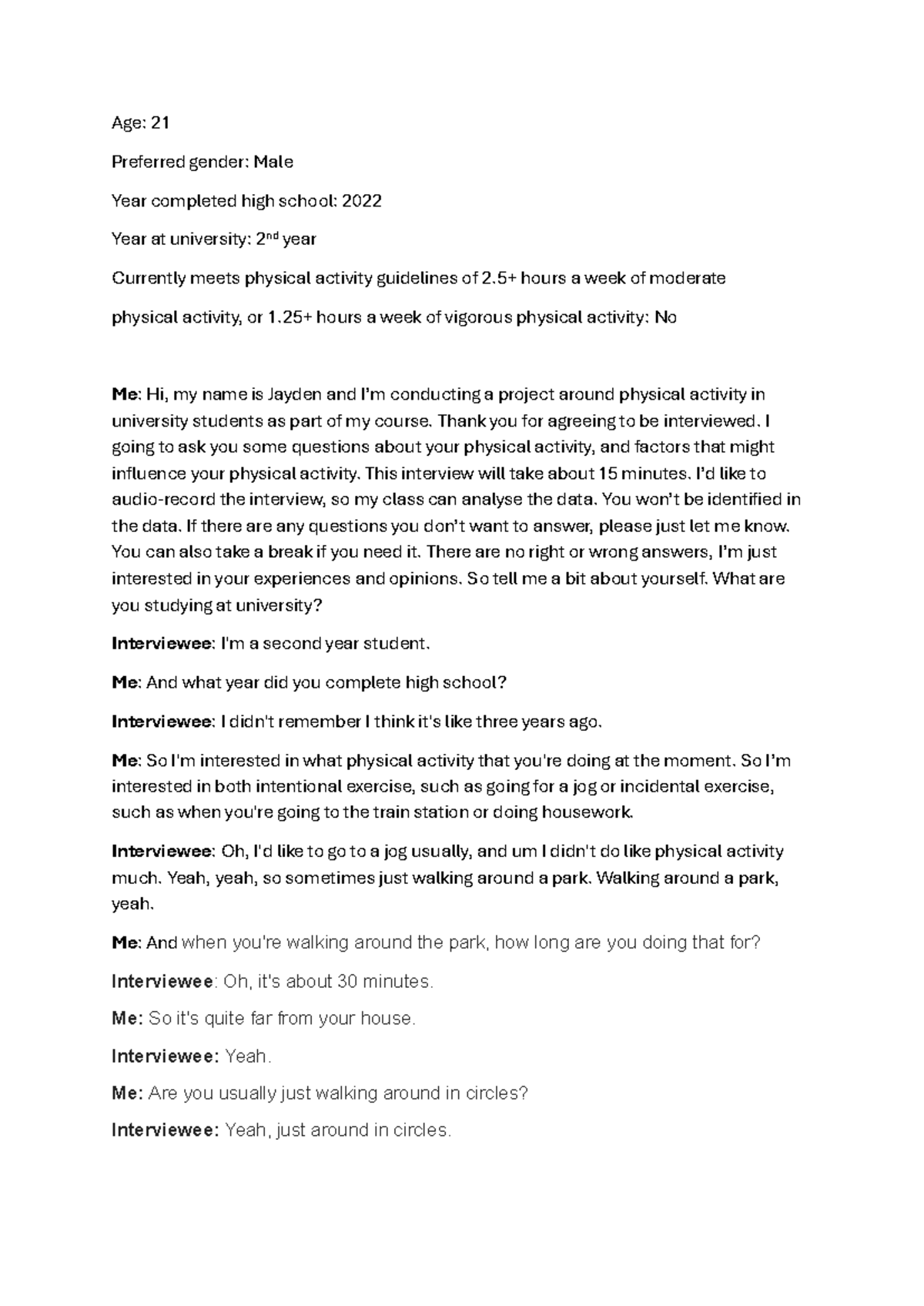 FMHU Physical Activity Interview Transcript Analysis: A Student's ...